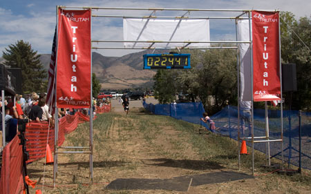 Curtis Morley approaching the finish line of the Ogden Valley Triathlon