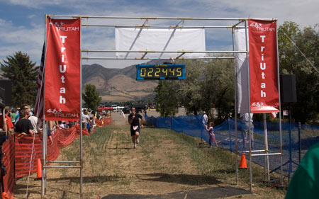 Curtis J. Morley approaching the finish line of the Ogden Valley Triathlon